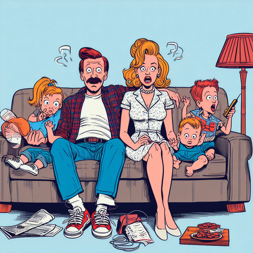 Eheleute mit Kindern sitzen auf Sofa wie die Bundys