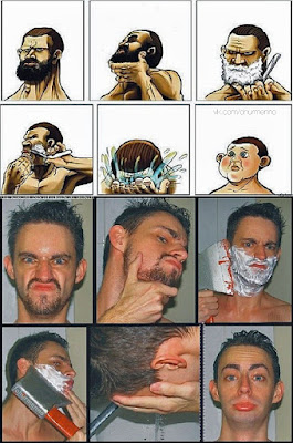 Lustiger Mann beim rasieren vorher nachher Männliche Marotten: Lustiges aus der Männerdomäne Alt werden, Bart, Mann, Wissen zum lachen